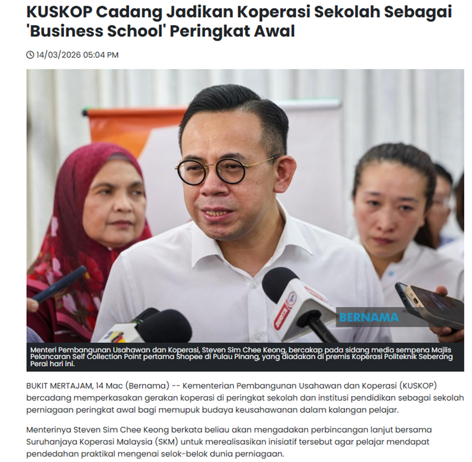 Keratan Akhbar: KUSKOP cadang Jadikan Koperasi Sekolah Sebagai ‘Business School’ Peringkat Awal