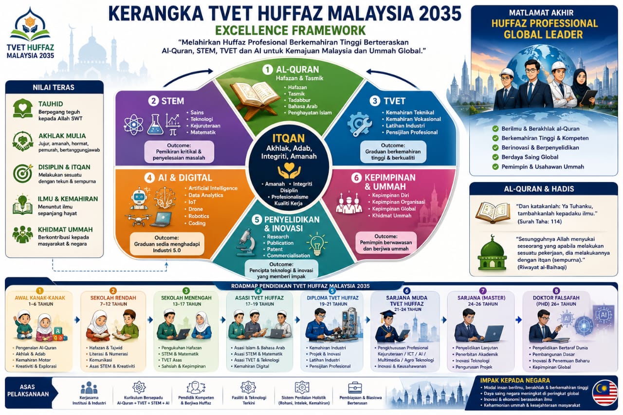 TVET Huffaz Malaysia 2035: Kerangka dan Laluan Pendidikan Melahirkan Huffaz Profesional Global Leader Berteraskan Al-Quran, STEM, TVET dan AI