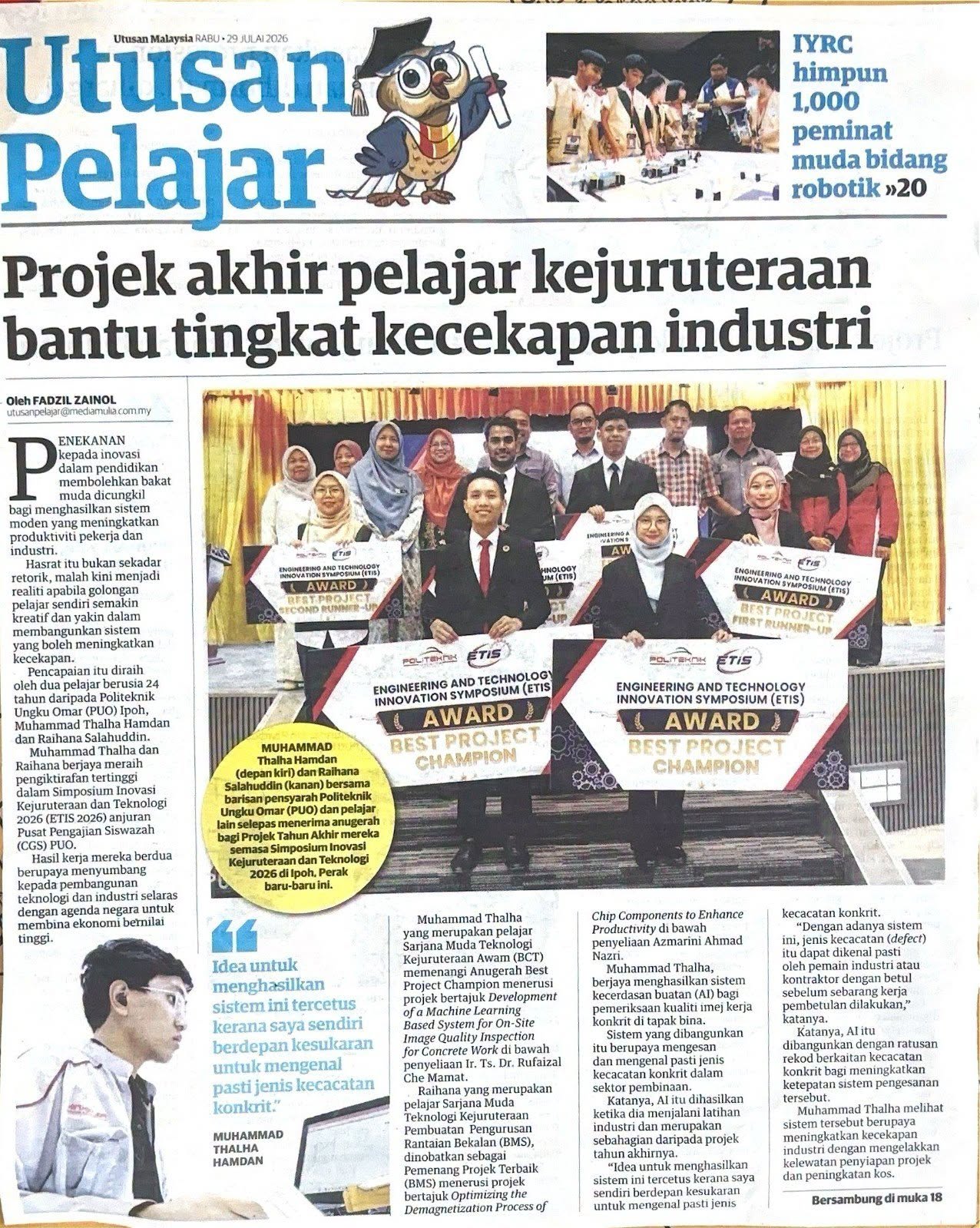 Keratan Akhbar : Projek akhir pelajar kejuruteraan bantu tingkat kecekapan industri
