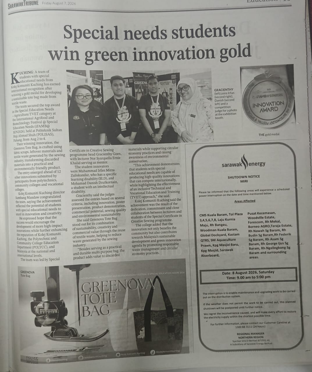 Keratan Akhbar: Special needs students win green innovation gold