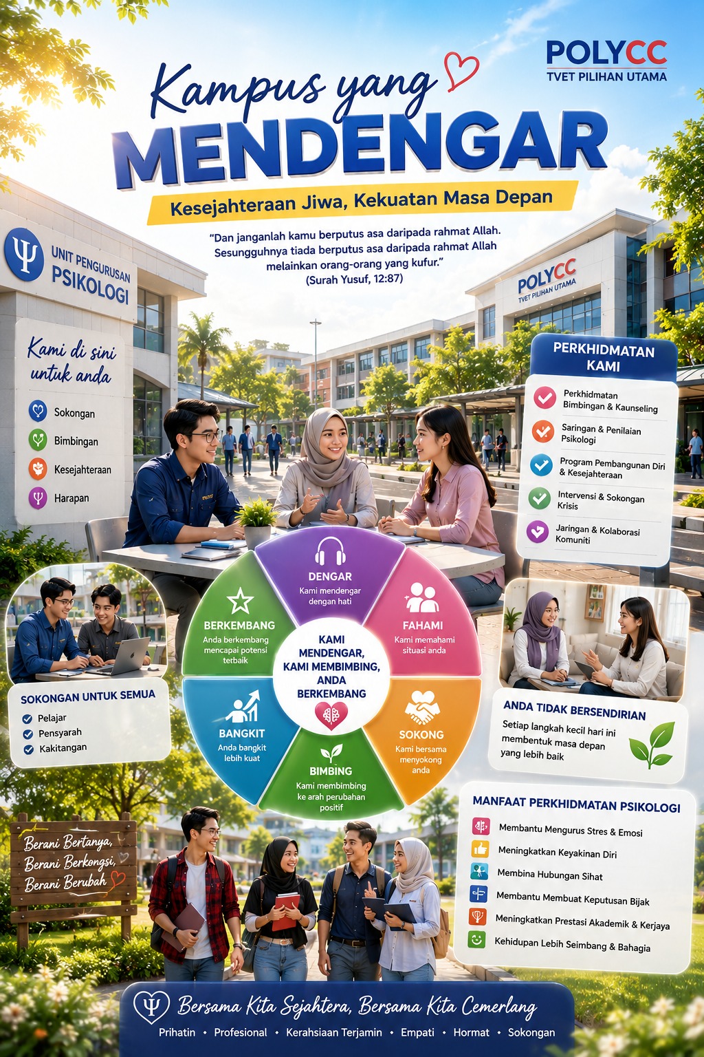 Kampus yang mendengar membina warga POLYCC yang sejahtera, berdaya tahan dan saling menyokong
